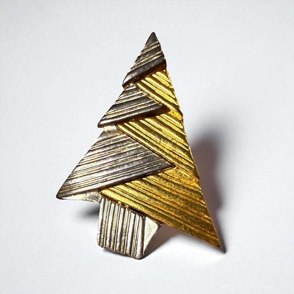 Vintage Avant-Garde Christmas Tree Brooch Silver Tone Gold Tone 80s 90s - Picture 1 of 4